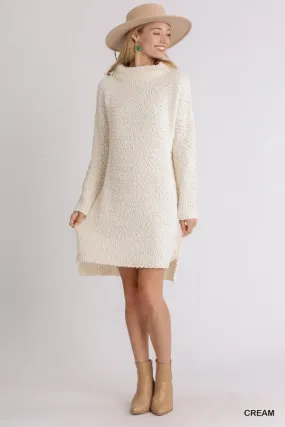High Cowl Neck Bouclé Long Sleeve Sweater Dress