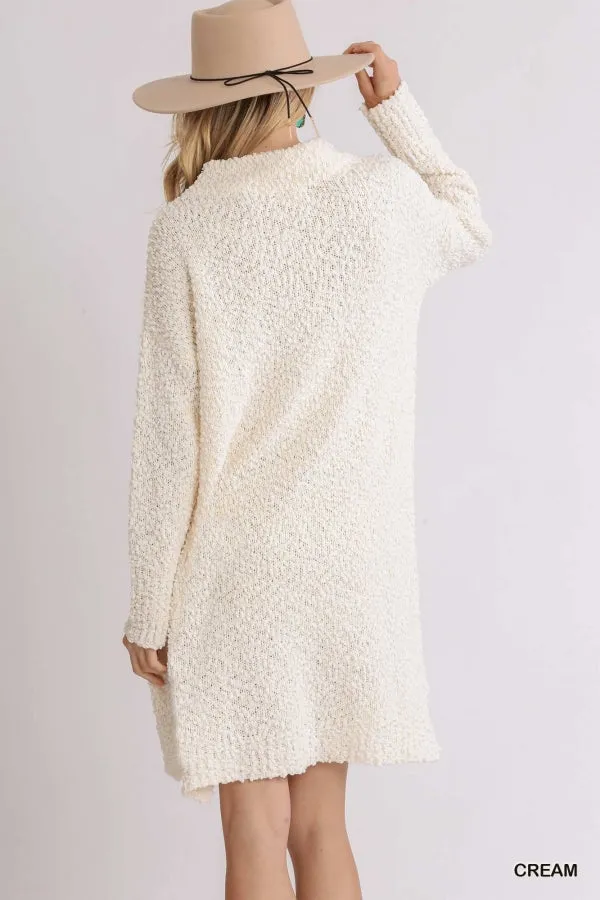 High Cowl Neck Bouclé Long Sleeve Sweater Dress