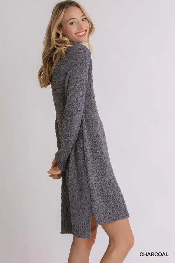 High Cowl Neck Bouclé Long Sleeve Sweater Dress