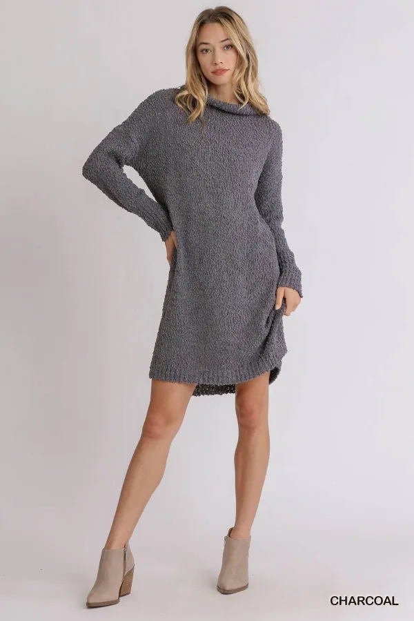 High Cowl Neck Bouclé Long Sleeve Sweater Dress