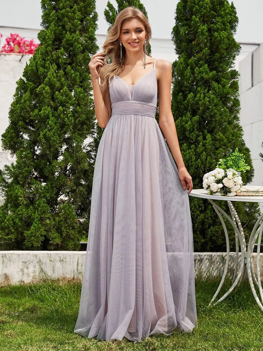 High-Waisted Backless See-Through Tulle Bridesmaid Dress with V-Neck