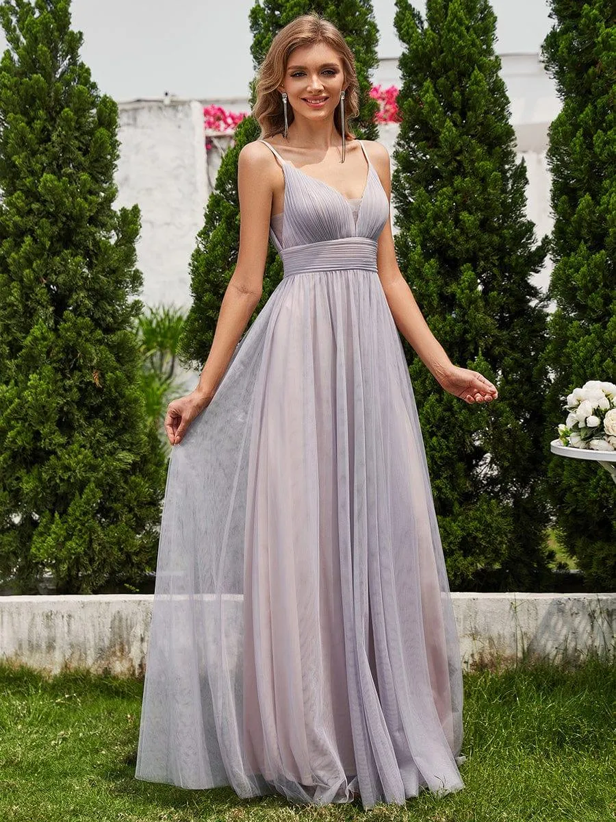 High-Waisted Backless See-Through Tulle Bridesmaid Dress with V-Neck