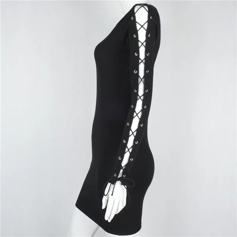 Hollow Out Lace Up Long Sleeve Black Short Bodycon Dress
