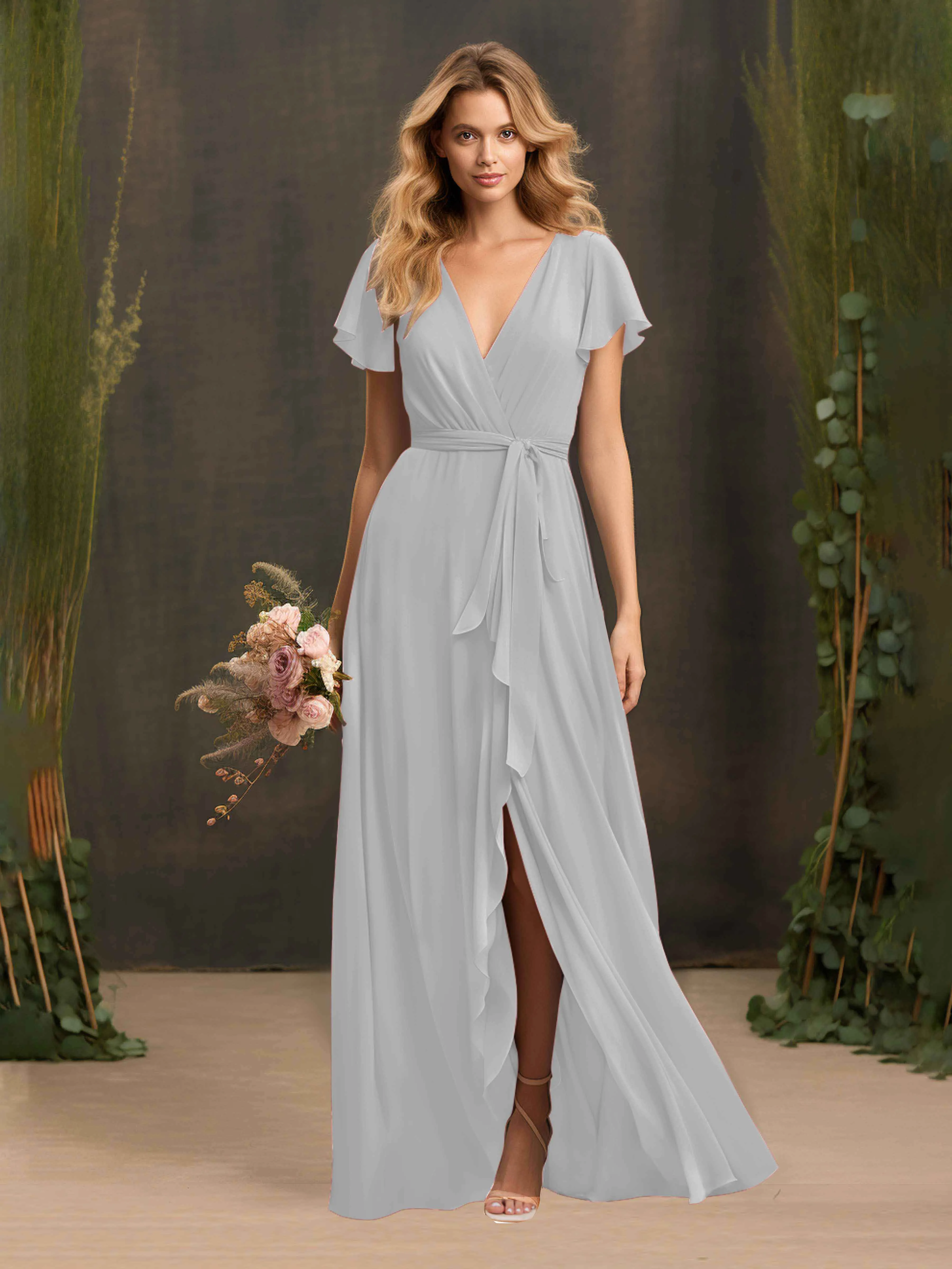 Kimberly Airy Pleated Corset Back Chiffon Dresses