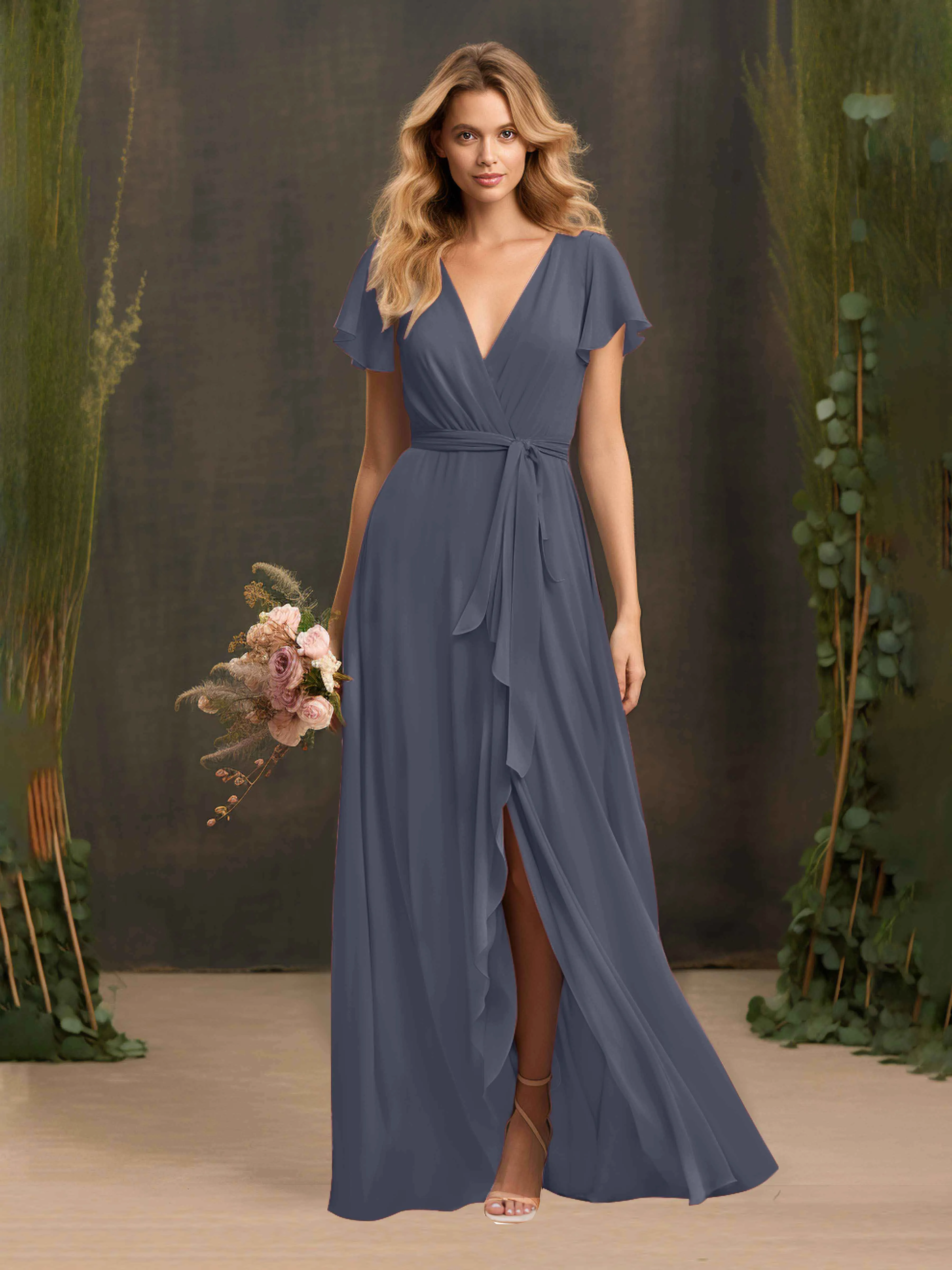 Kimberly Airy Pleated Corset Back Chiffon Dresses
