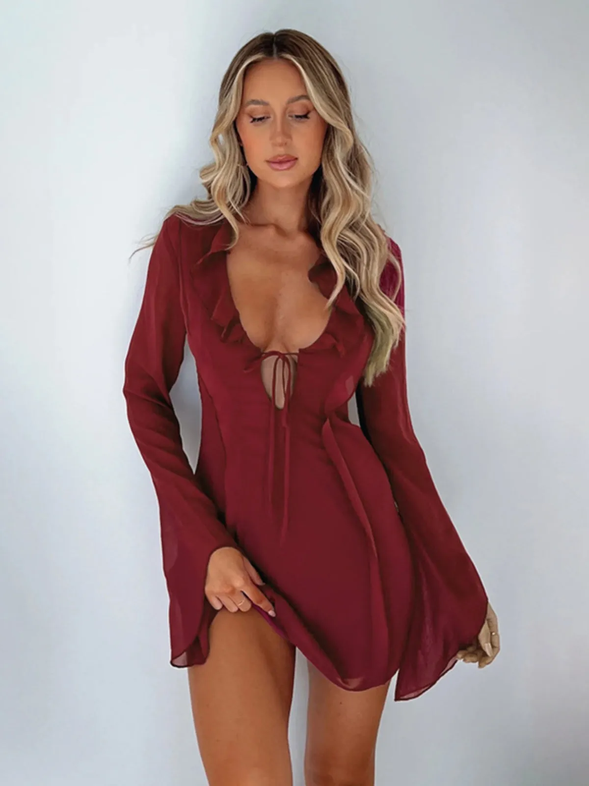 Lace-up Ruffled Long Sleeve Dress