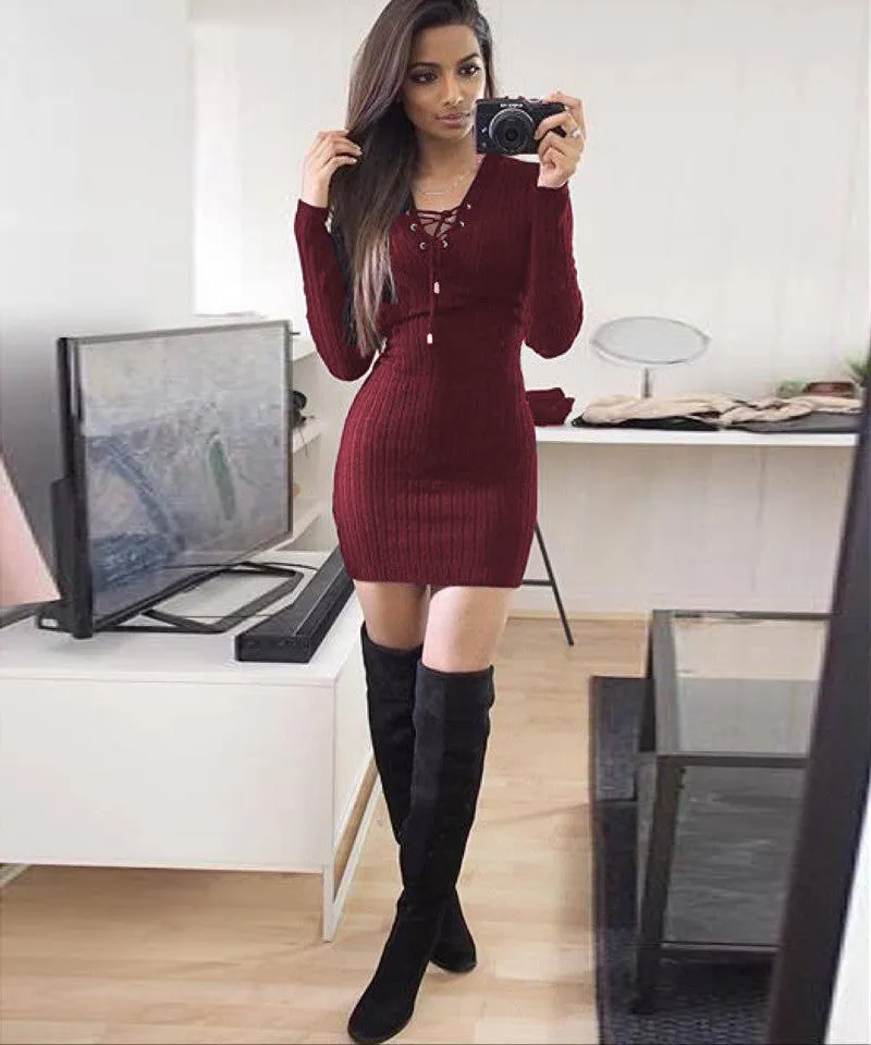Lace Up V Neck Ribbed Long Sleeve Short Bodycon Dress