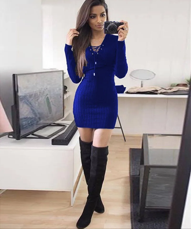 Lace Up V Neck Ribbed Long Sleeve Short Bodycon Dress