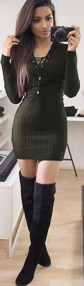 Lace Up V Neck Ribbed Long Sleeve Short Bodycon Dress