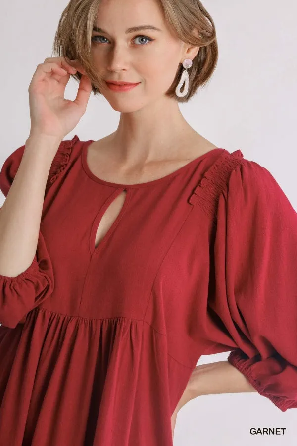 Linen Blend Three Quarter Sleeve Keyhole Smocked Shoulder Dress