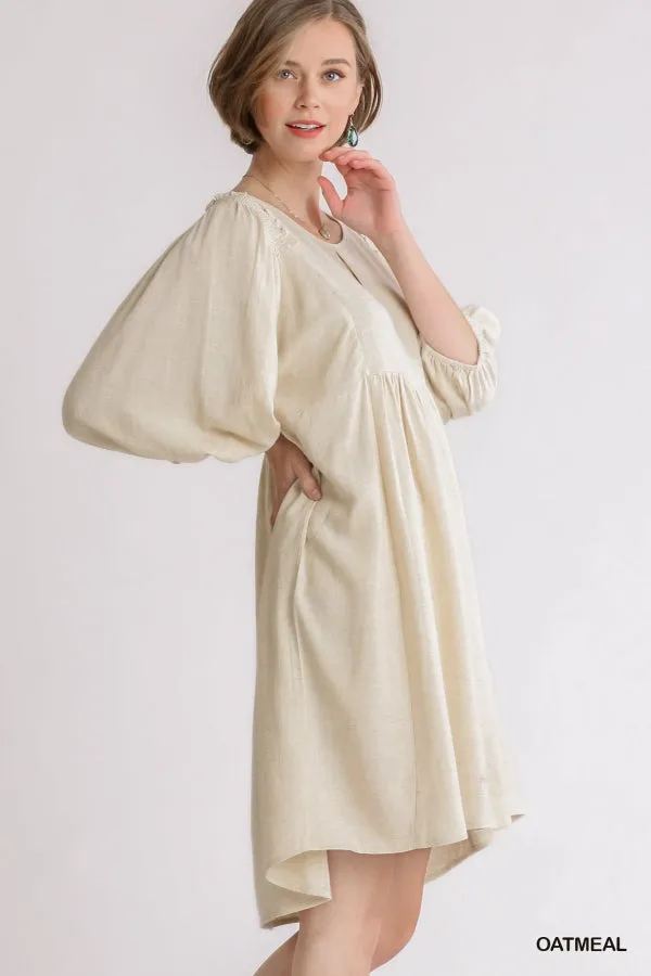 Linen Blend Three Quarter Sleeve Keyhole Smocked Shoulder Dress