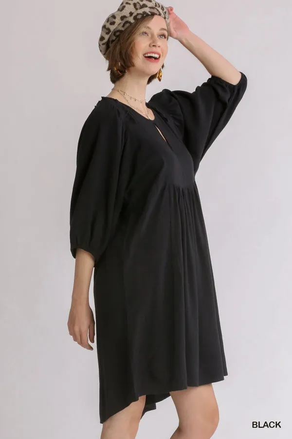 Linen Blend Three Quarter Sleeve Keyhole Smocked Shoulder Dress