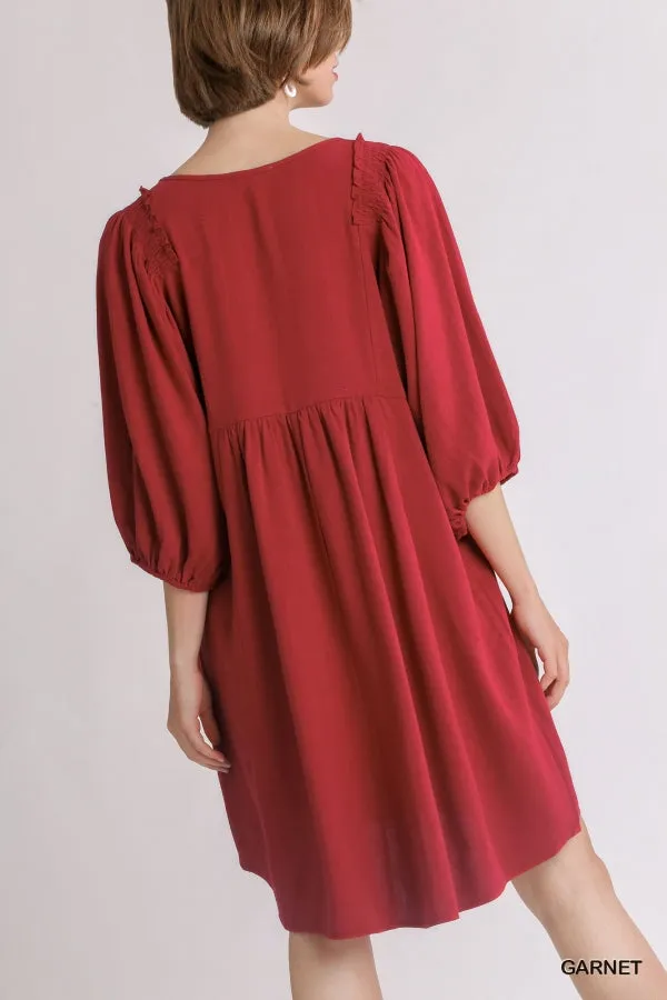 Linen Blend Three Quarter Sleeve Keyhole Smocked Shoulder Dress
