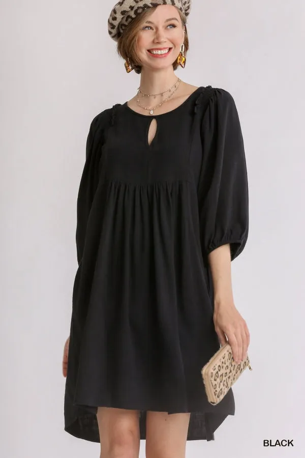 Linen Blend Three Quarter Sleeve Keyhole Smocked Shoulder Dress