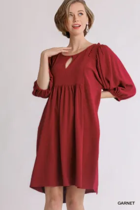 Linen Blend Three Quarter Sleeve Keyhole Smocked Shoulder Dress