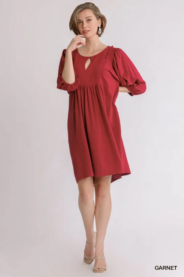 Linen Blend Three Quarter Sleeve Keyhole Smocked Shoulder Dress