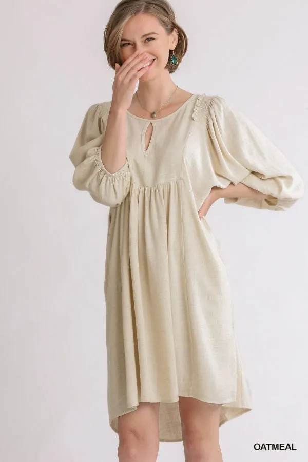 Linen Blend Three Quarter Sleeve Keyhole Smocked Shoulder Dress