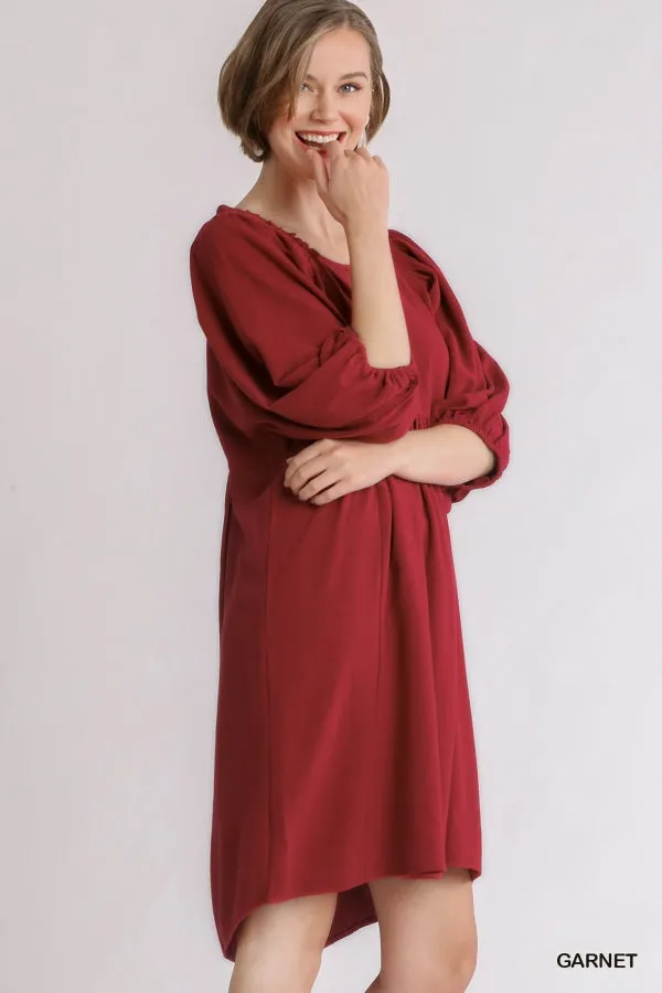 Linen Blend Three Quarter Sleeve Keyhole Smocked Shoulder Dress