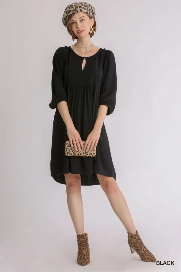 Linen Blend Three Quarter Sleeve Keyhole Smocked Shoulder Dress