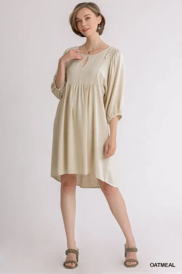Linen Blend Three Quarter Sleeve Keyhole Smocked Shoulder Dress