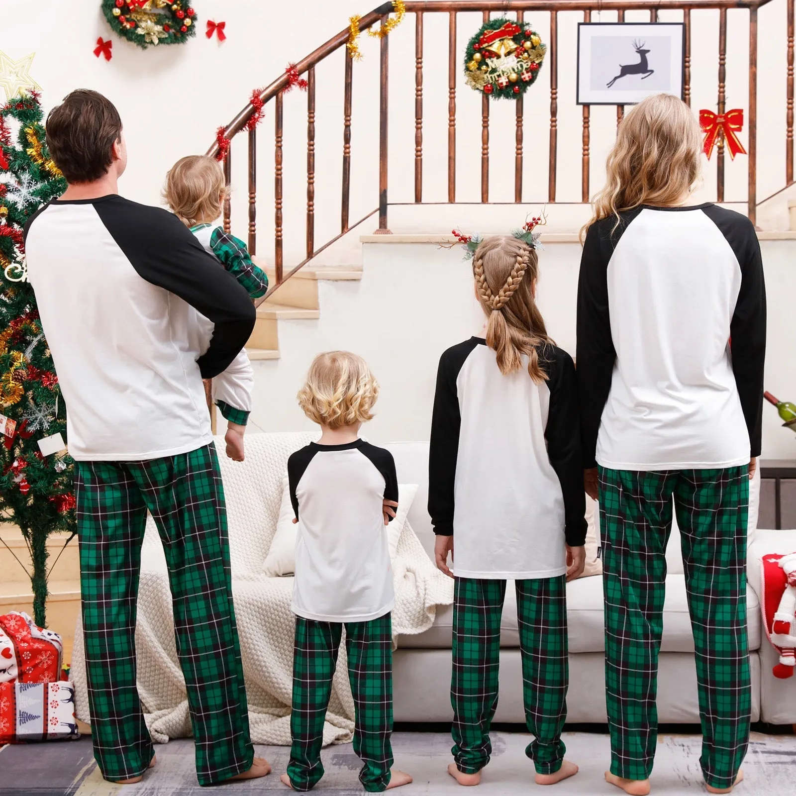 Merry Christmas parent-child holiday matching pajamas with green plaid pattern