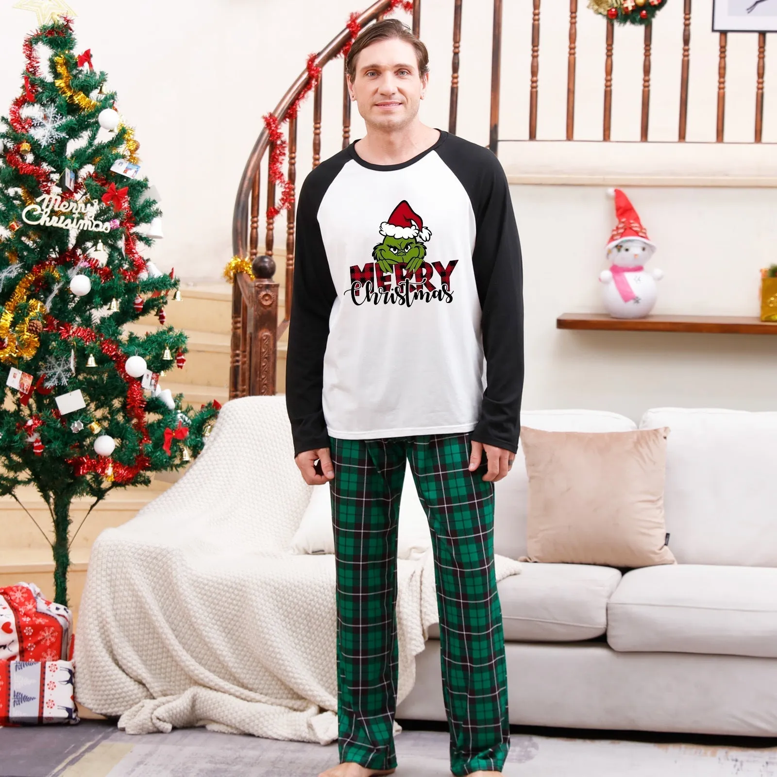 Merry Christmas parent-child holiday matching pajamas with green plaid pattern