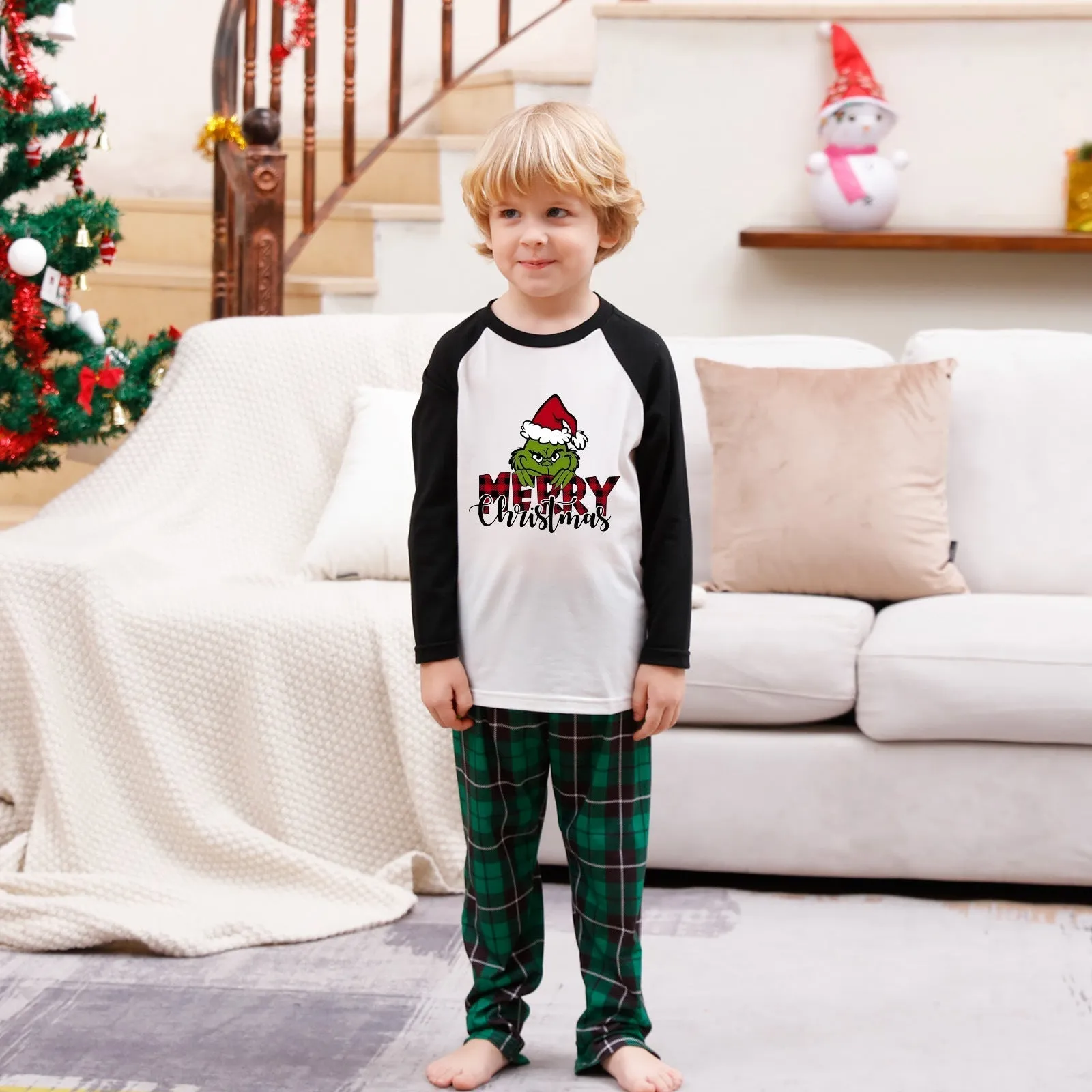 Merry Christmas parent-child holiday matching pajamas with green plaid pattern
