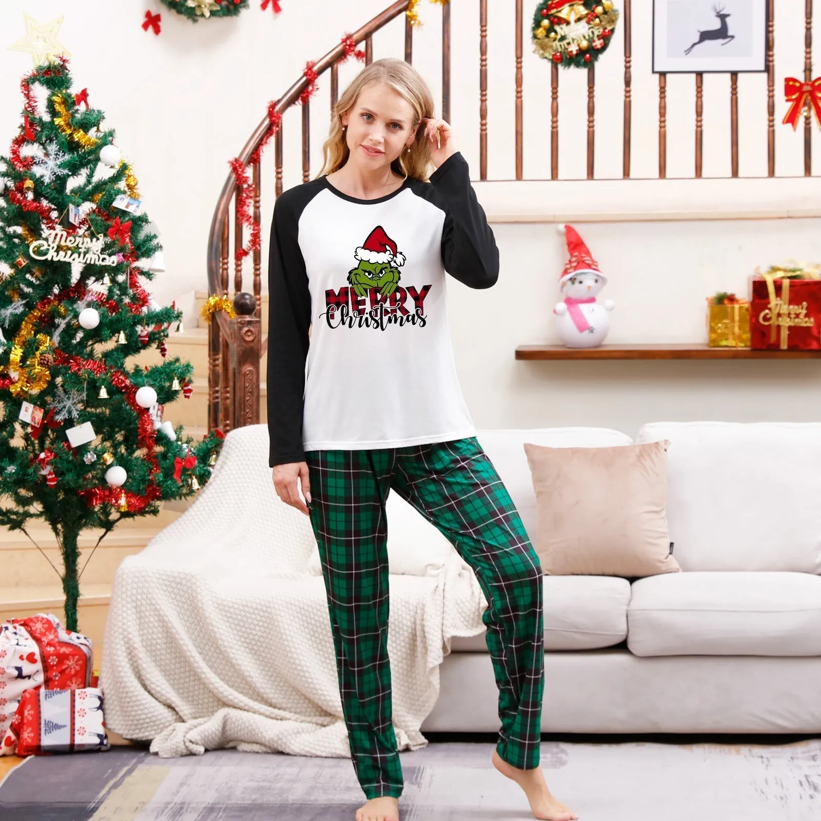 Merry Christmas parent-child holiday matching pajamas with green plaid pattern