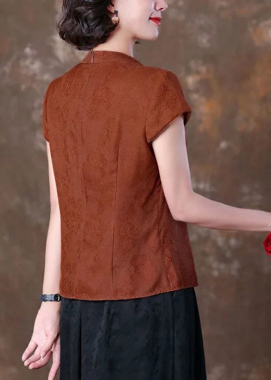 Natural Caramel V Neck Tasseled Patchwork Silk T Shirts Summer LC0270