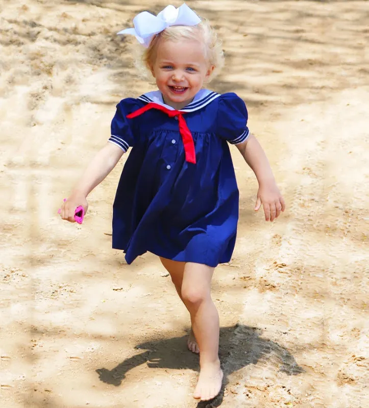 Navy Blue Girls Nautical Sailor Dress