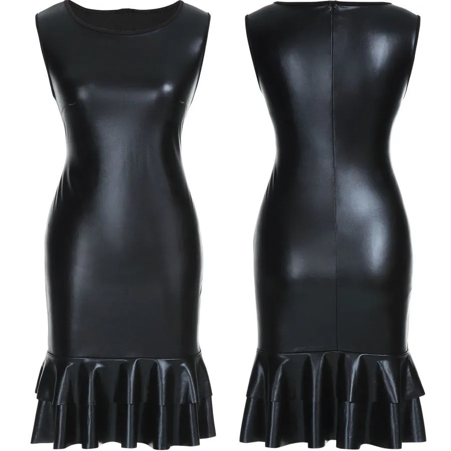 OL Splicing Faux Fur Ruffled Sleeveless Bodycon Knee-Length Dress