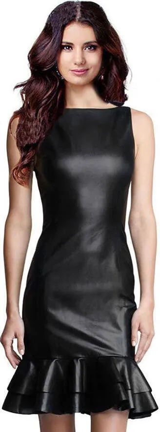 OL Splicing Faux Fur Ruffled Sleeveless Bodycon Knee-Length Dress