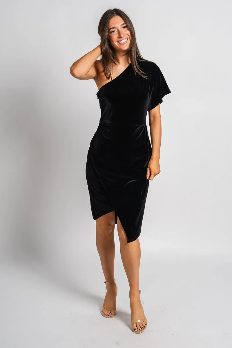 One shoulder velvet dress black