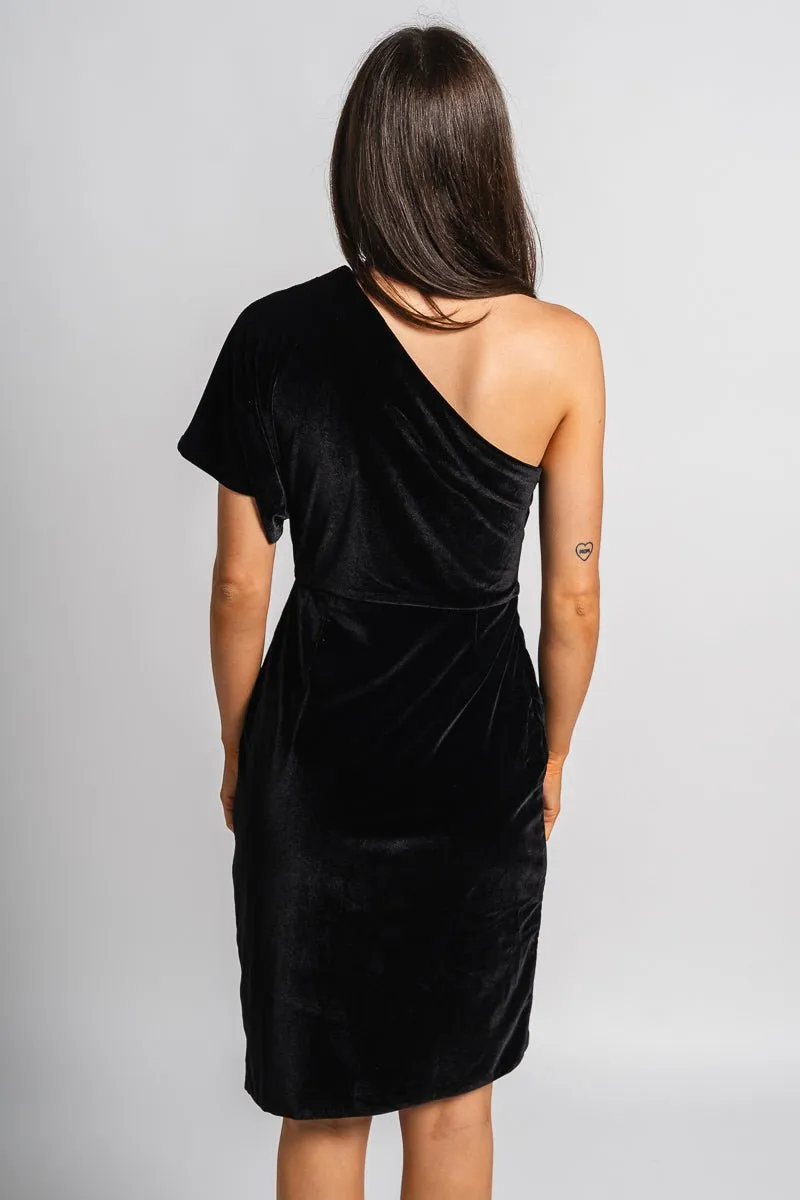 One shoulder velvet dress black