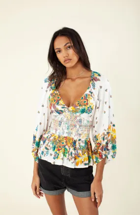 Printed V Neck Top in Ivory