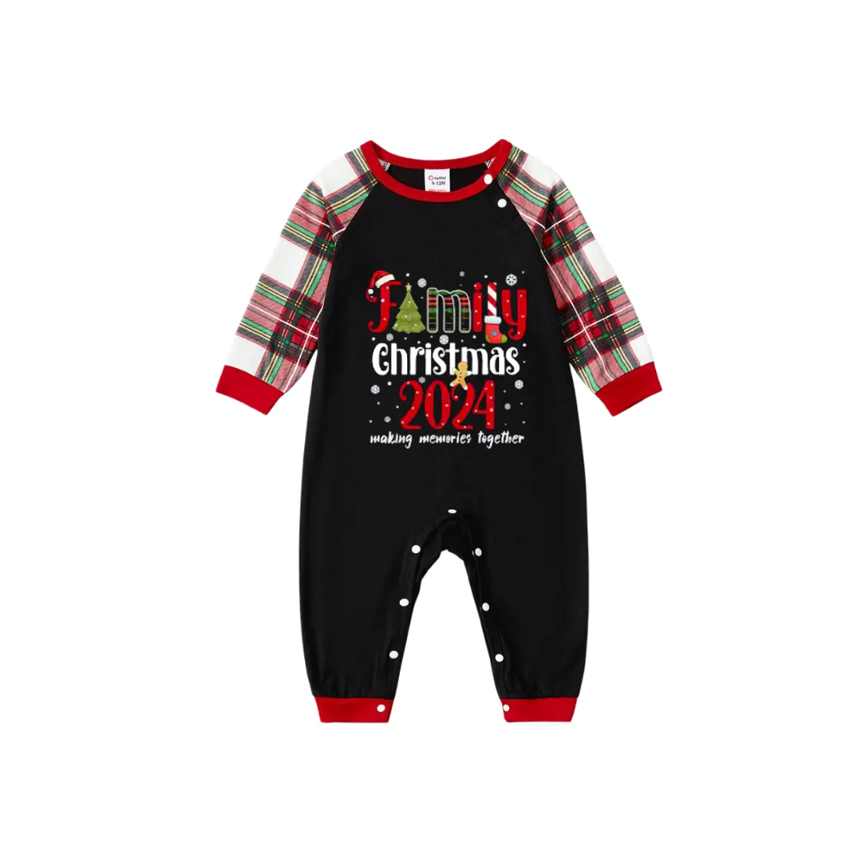 "Family Christmas 2024 Making Memories Together" Pattern Ⅲ- Black Top with Red & White & Green Plaid Pants Family Matching Pajamas