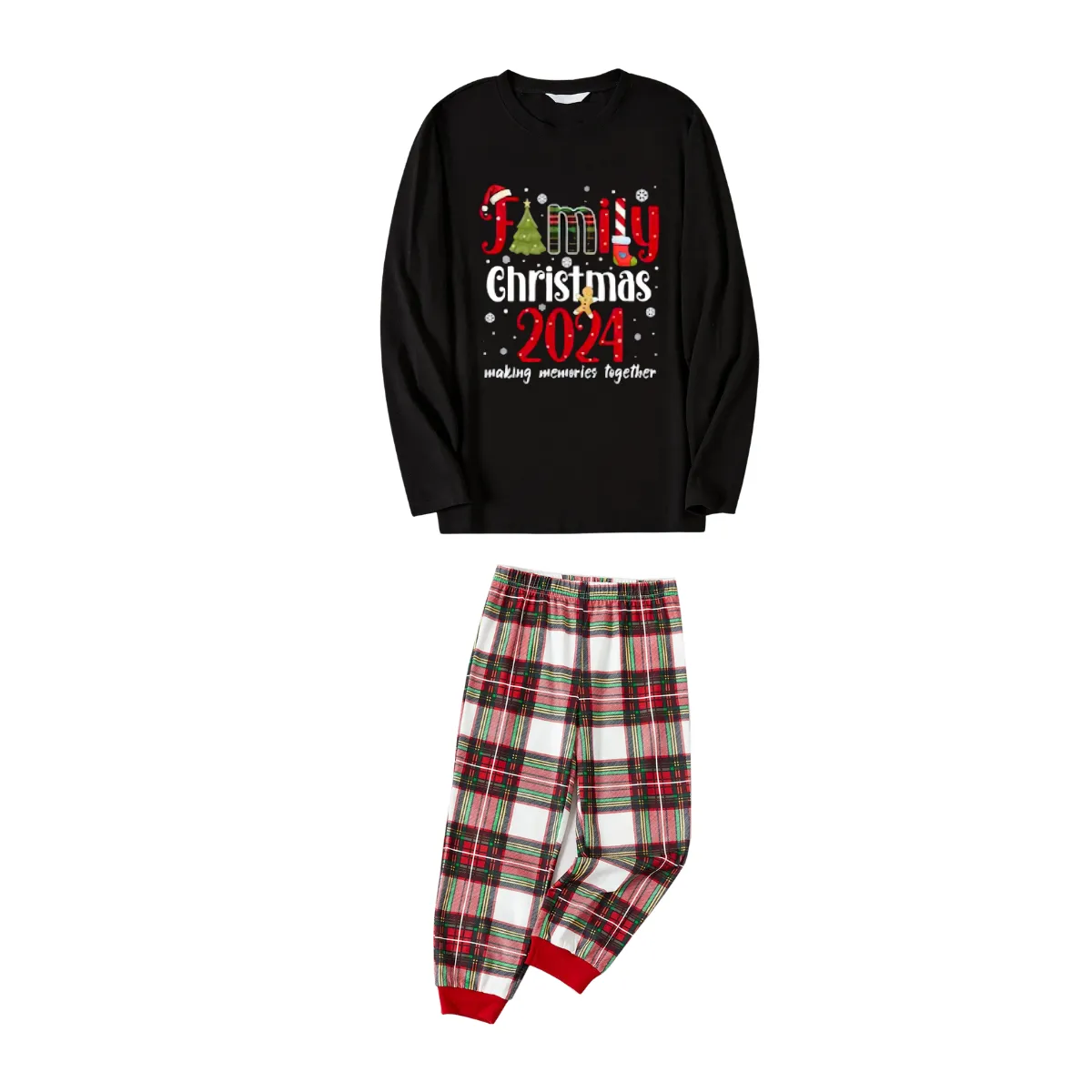 "Family Christmas 2024 Making Memories Together" Pattern Ⅲ- Black Top with Red & White & Green Plaid Pants Family Matching Pajamas