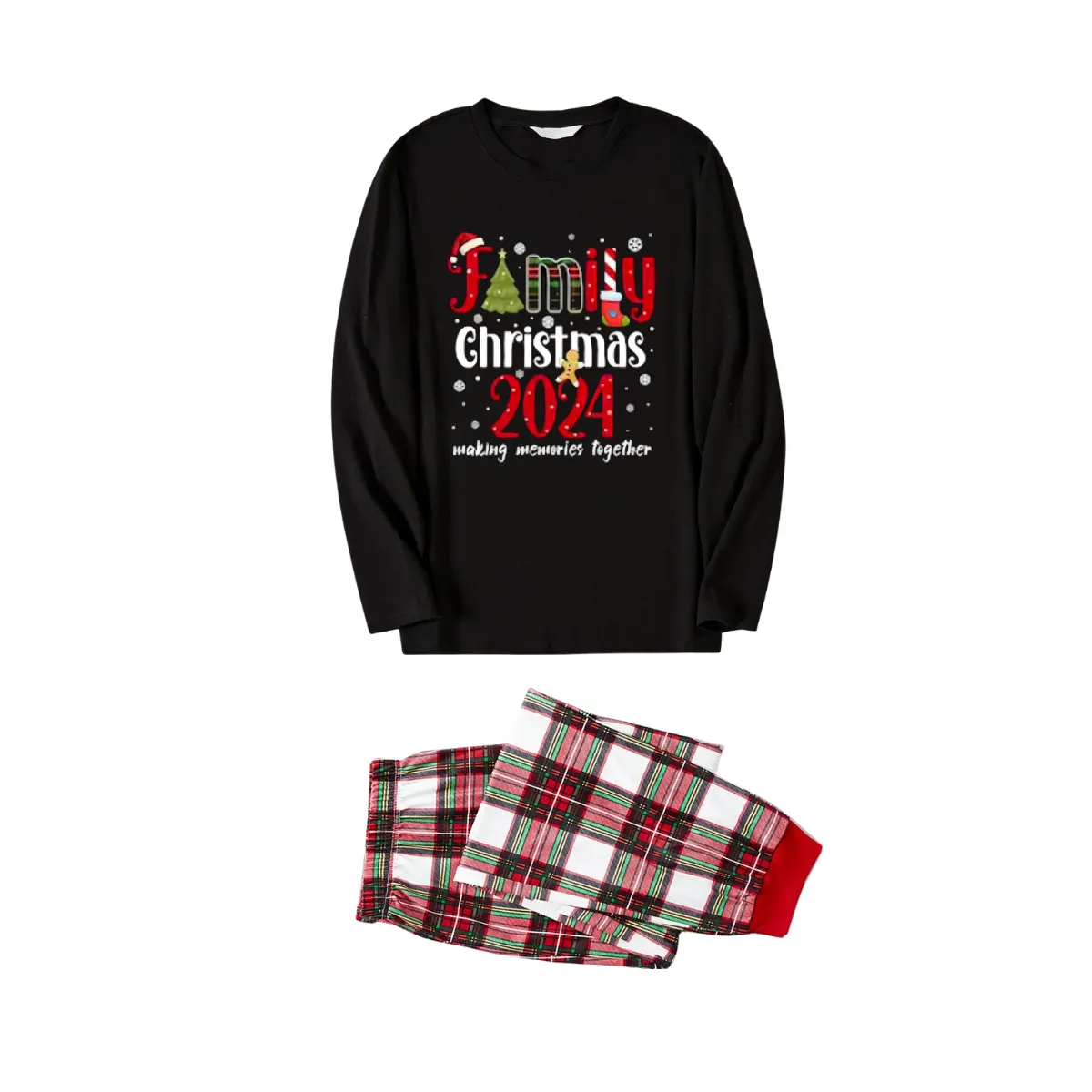 "Family Christmas 2024 Making Memories Together" Pattern Ⅲ- Black Top with Red & White & Green Plaid Pants Family Matching Pajamas