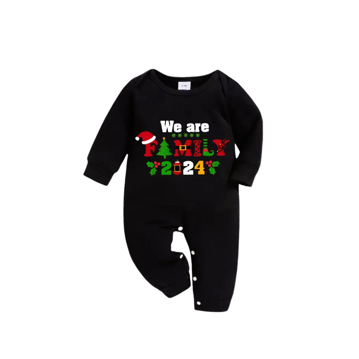 "We Are Family 2024" Coloful Text Pattern Black Long Sleeve Top