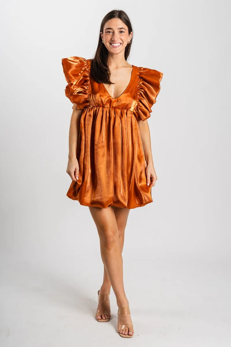 Ruffle babydoll dress shimmer rust