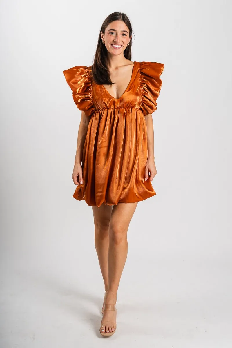 Ruffle babydoll dress shimmer rust