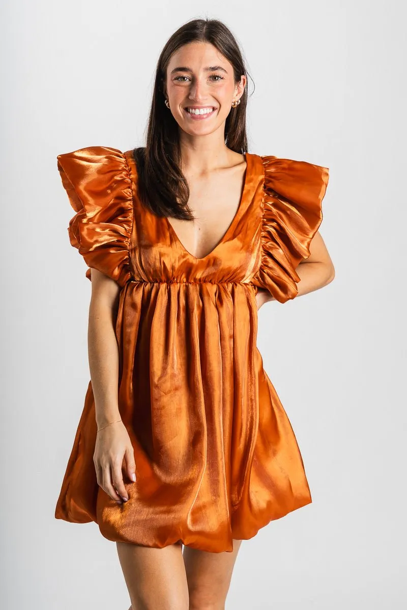 Ruffle babydoll dress shimmer rust