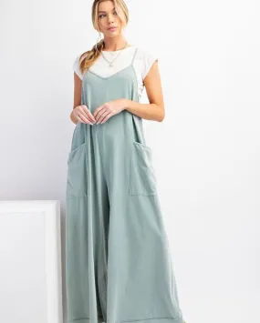 Sage Green Mineral Washed Cotton Spaghetti Strap Jumpsuit