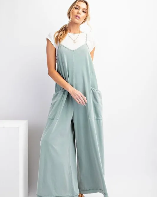 Sage Green Mineral Washed Cotton Spaghetti Strap Jumpsuit