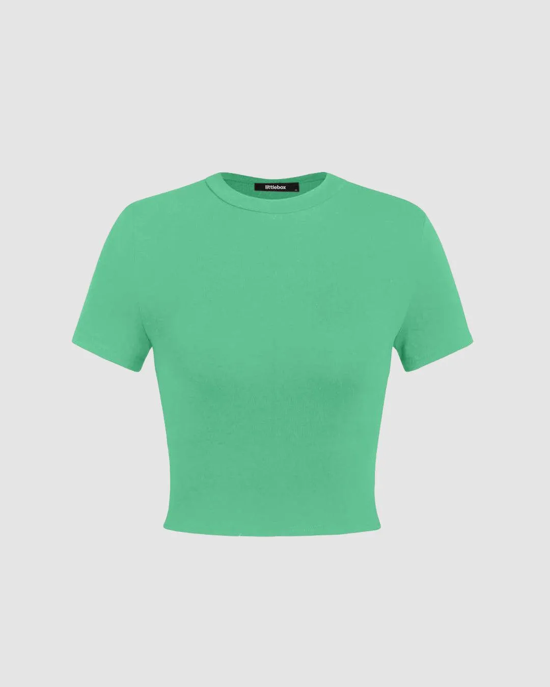 Set Of Three: Solid Round Neck Crop Tee In Grey, Green And Pink