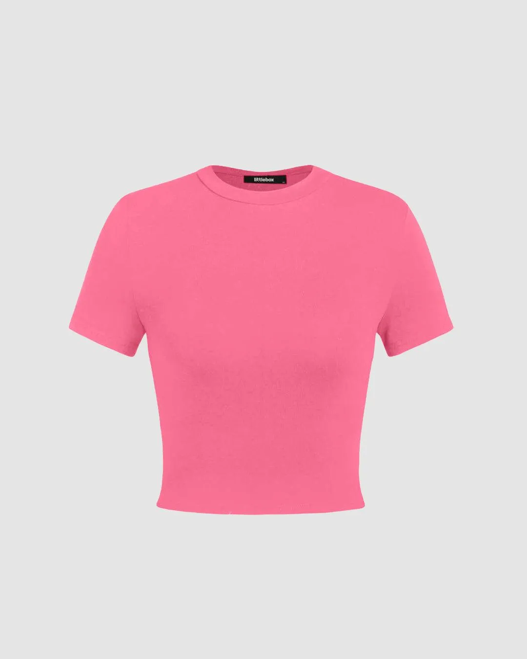 Set Of Three: Solid Round Neck Crop Tee In Grey, Green And Pink