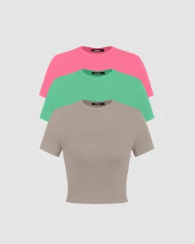 Set Of Three: Solid Round Neck Crop Tee In Grey, Green And Pink