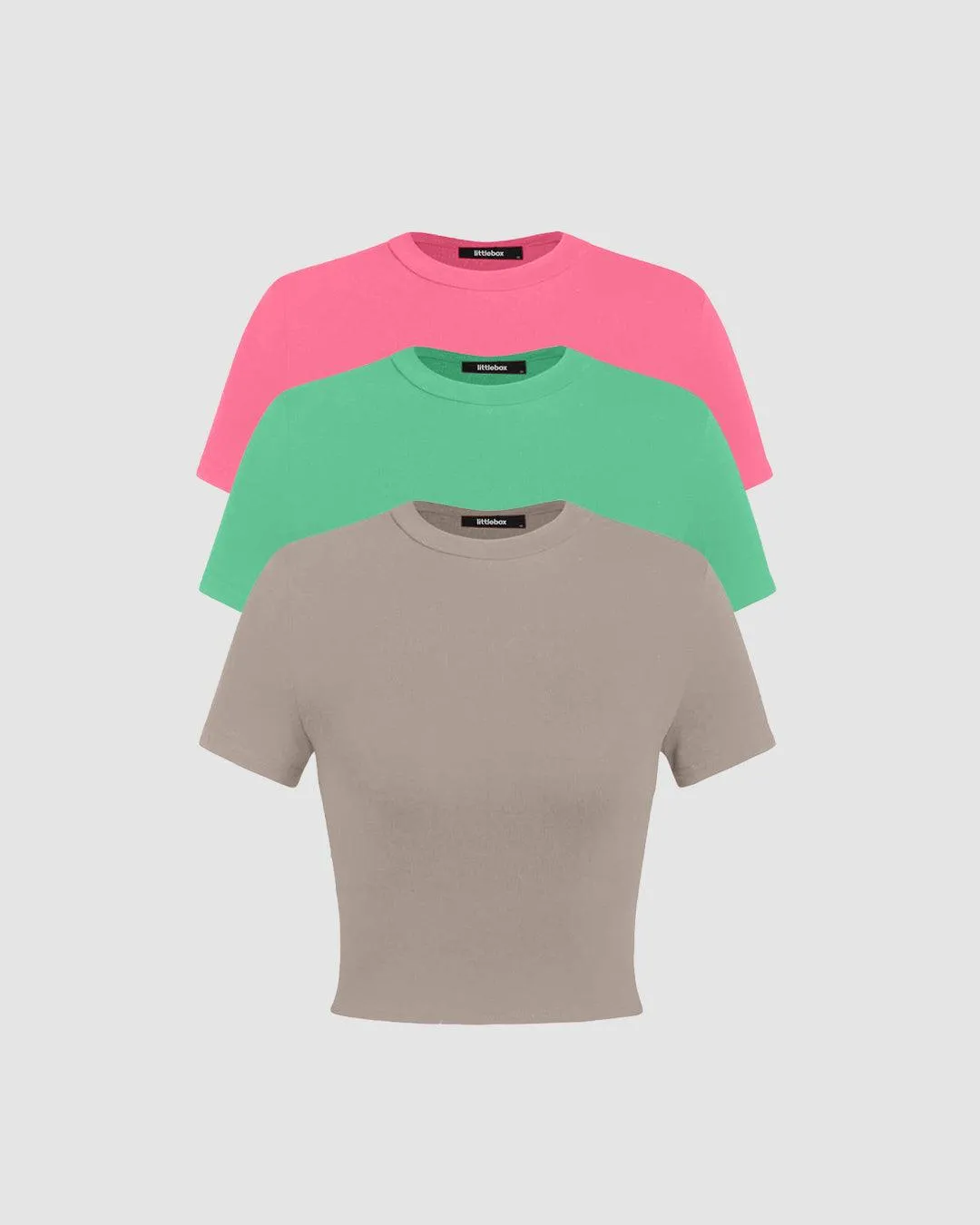 Set Of Three: Solid Round Neck Crop Tee In Grey, Green And Pink