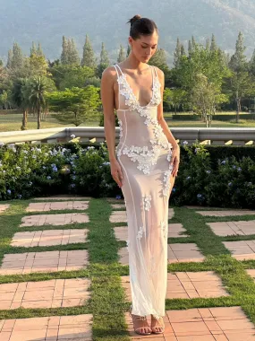 Sexy V-neck White Mesh Dress