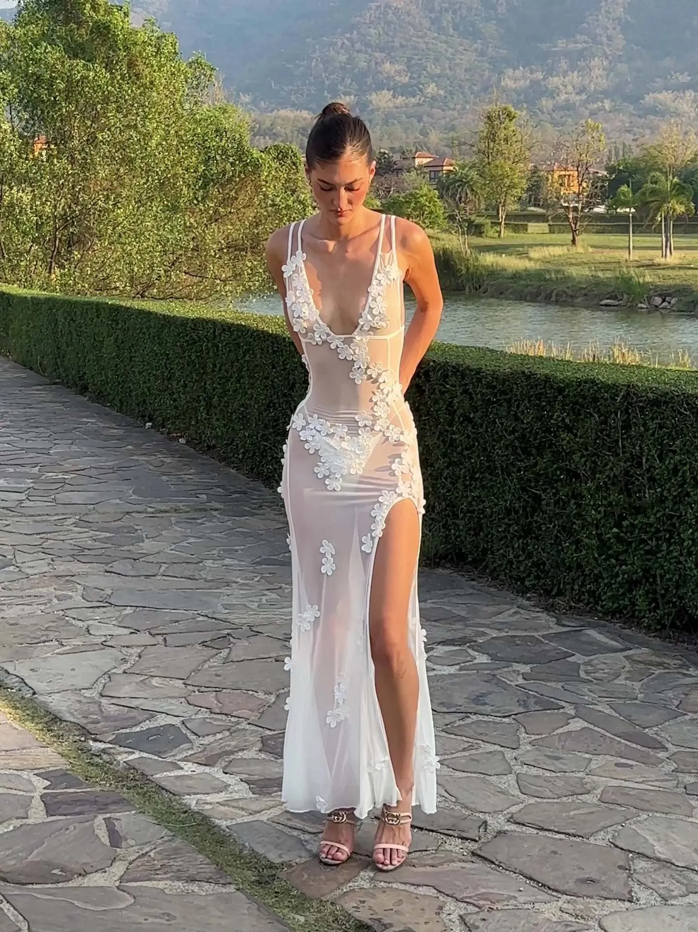 Sexy V-neck White Mesh Dress